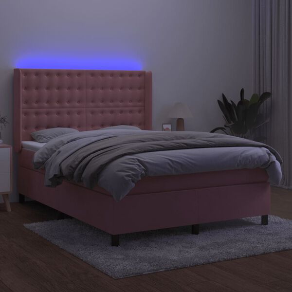 vidaXL Cama box spring colch&oacute;n y LED terciopelo rosa 140x190 cm