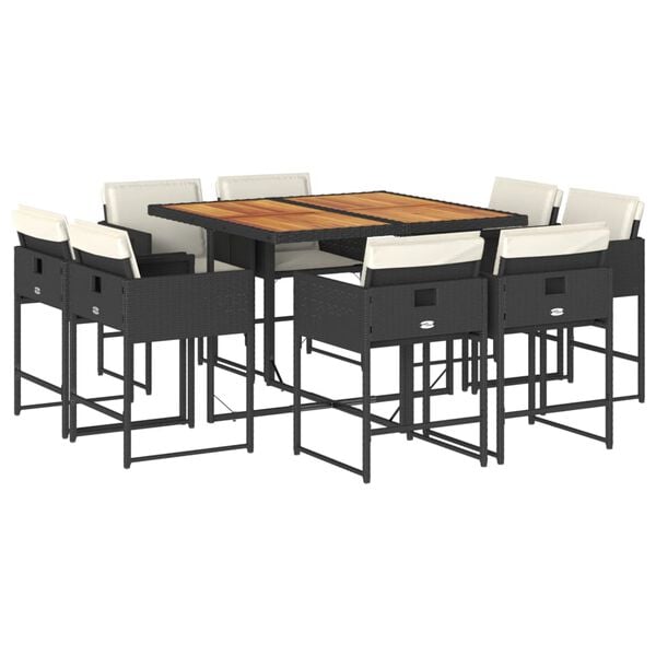 vidaXL Set de comedor de jard&iacute;n 9 pzas y cojines rat&aacute;n sint&eacute;tico negro