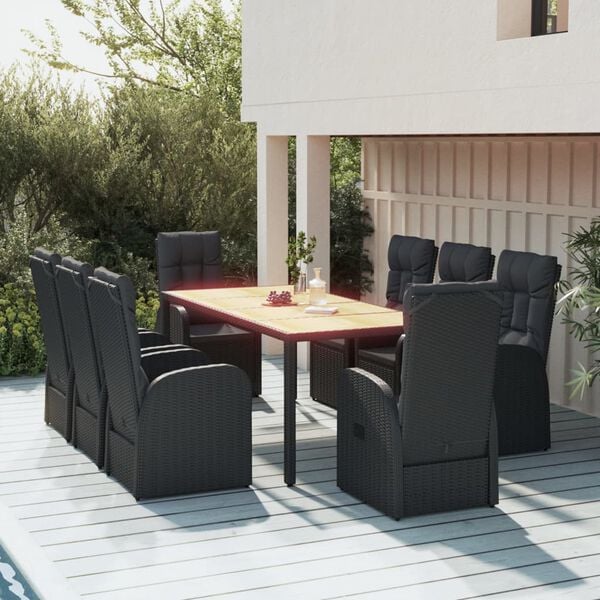 vidaXL Set de comedor de jard&iacute;n 9 pzas y cojines rat&aacute;n sint&eacute;tico negro