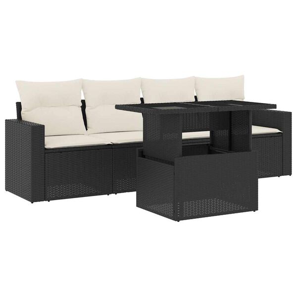 vidaXL Set de muebles de jard&iacute;n 5 pzas y cojines rat&aacute;n sint&eacute;tico negro