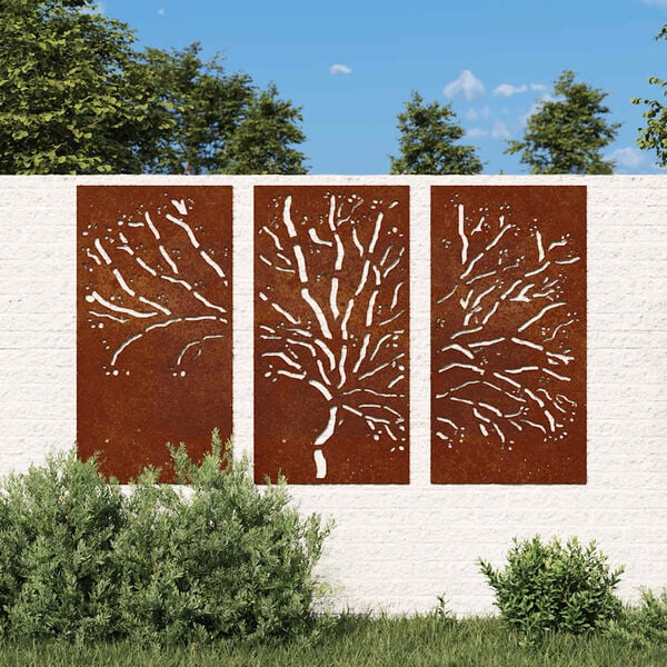 vidaXL Adorno pared jard&iacute;n 3 pzas acero corten dise&ntilde;o &aacute;rbol 105x55 cm