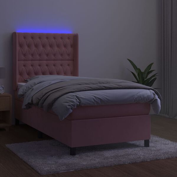 vidaXL Cama box spring colch&oacute;n y LED terciopelo rosa 90x190 cm