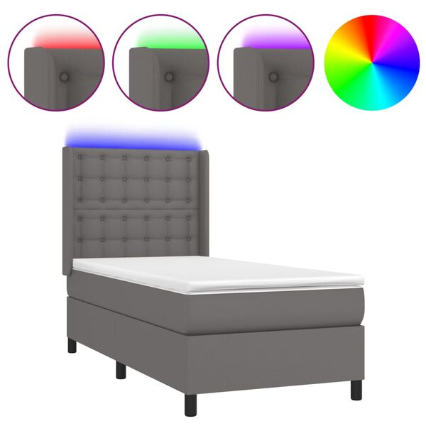vidaXL Cama box spring y colchón LED cuero sintético gris 90x190 cm