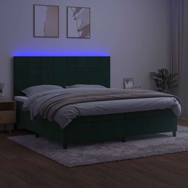 vidaXL Cama box spring colch&oacute;n y LED terciopelo verde oscuro 200x200cm