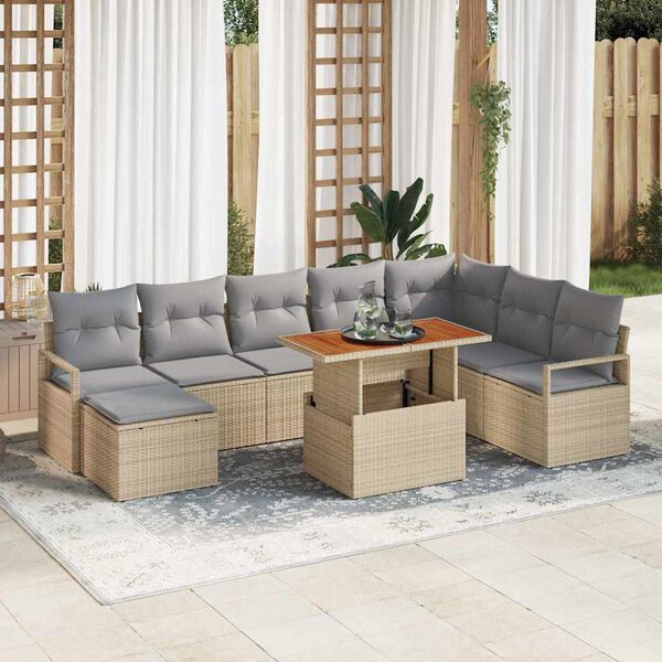 vidaXL Conjunto de sof&aacute; de jard&iacute;n 9 pcs Beige Polirat&aacute;n