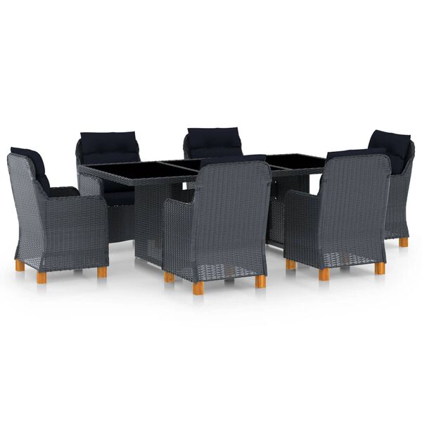 vidaXL Set comedor jard&iacute;n 7 pzas cojines rat&aacute;n sint&eacute;tico gris oscuro