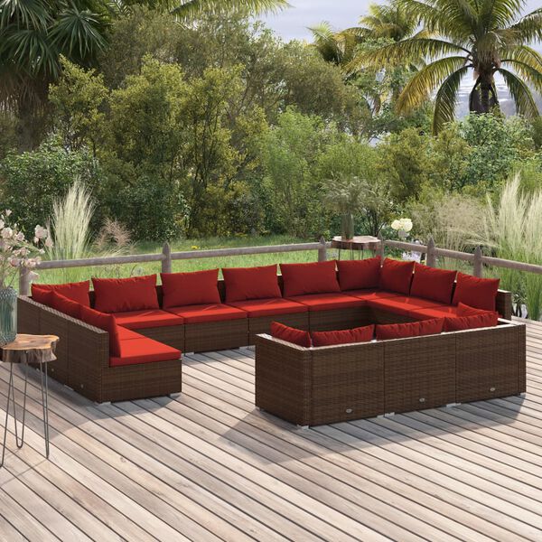 vidaXL Set muebles de jard&iacute;n 13 piezas cojines rat&aacute;n sint&eacute;tico marr&oacute;n