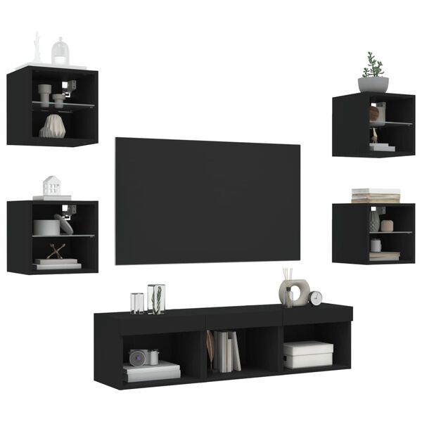vidaXL Muebles de TV de pared con LED 7 pzas madera ingeniería negro