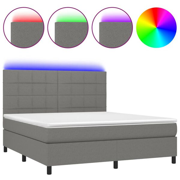 vidaXL Cama box spring colch&oacute;n y luces LED tela gris oscuro 180x200 cm