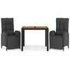 vidaXL Set comedor de jard&iacute;n 3 pzas con cojines rat&aacute;n sint&eacute;tico negro