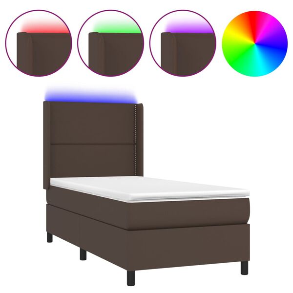 vidaXL Cama box spring y colch&oacute;n LED cuero sint&eacute;tico marr&oacute;n 90x190 cm