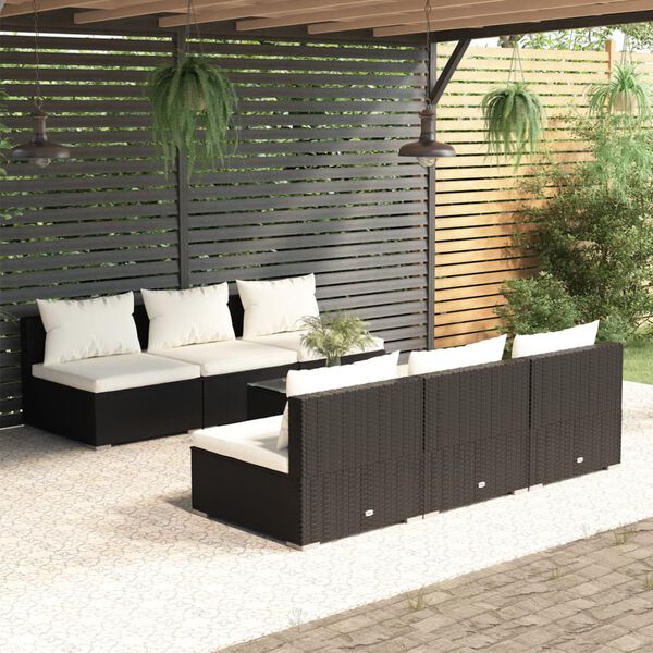 vidaXL Set de muebles de jard&iacute;n y cojines 7 pzas rat&aacute;n sint&eacute;tico negro