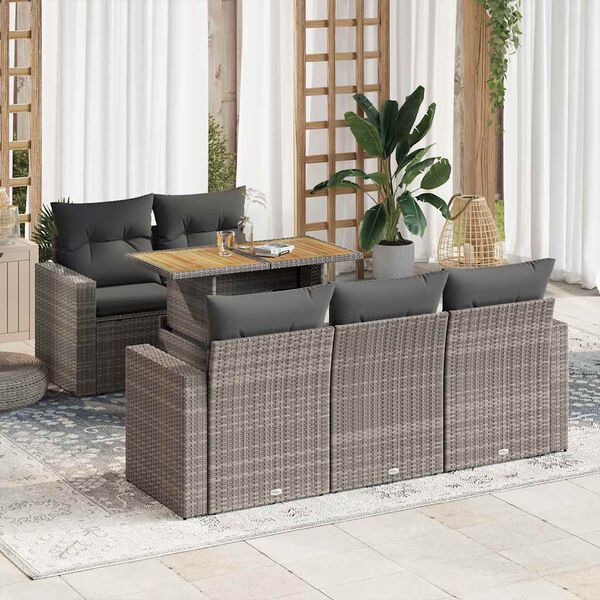 vidaXL Set de muebles de jard&iacute;n 6 pzas y cojines rat&aacute;n sint&eacute;tico gris