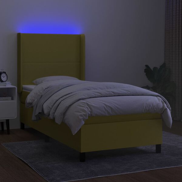 vidaXL Cama box spring colch&oacute;n y luces LED tela verde 90x190 cm