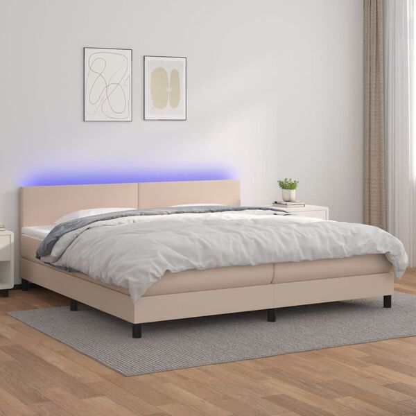vidaXL Cama box spring colch&oacute;n LED cuero sint&eacute;tico capuchino 200x200cm