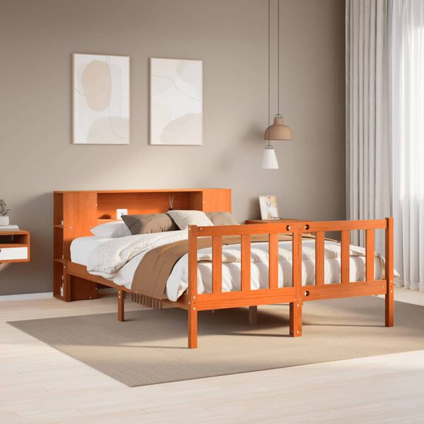 vidaXL Cama con estanter&iacute;a sin colch&oacute;n madera maciza marr&oacute;n 160x200 cm