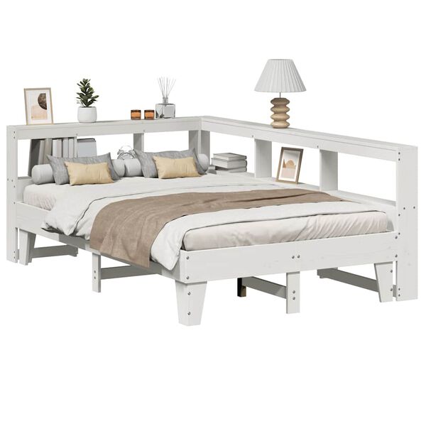 vidaXL Cama con estanter&iacute;a sin colch&oacute;n madera maciza blanca 140x190 cm