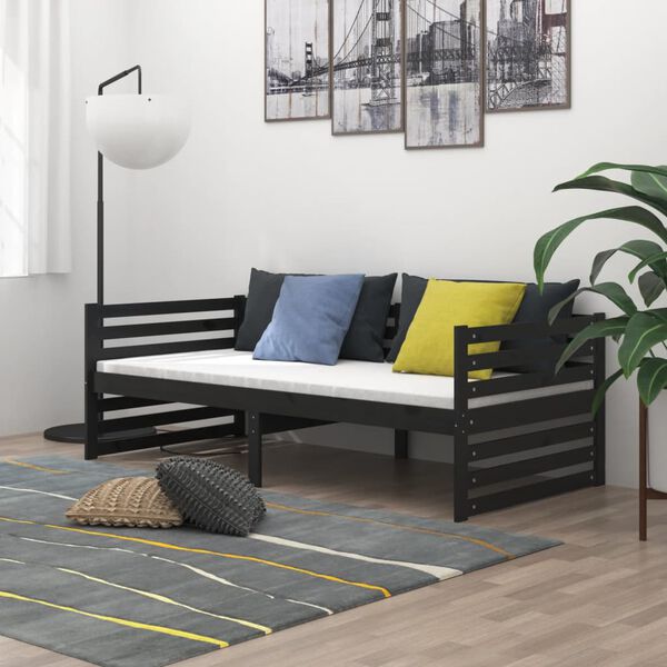 vidaXL Sof&aacute; cama con colch&oacute;n madera de pino maciza negro 90x200 cm