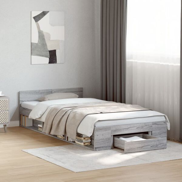 vidaXL Cama con caj&oacute;n madera de ingenier&iacute;a gris Sonoma 90x200 cm