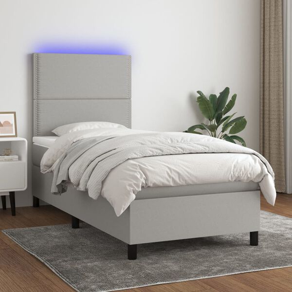 vidaXL Cama box spring colchón y luces LED tela gris claro 100x200 cm