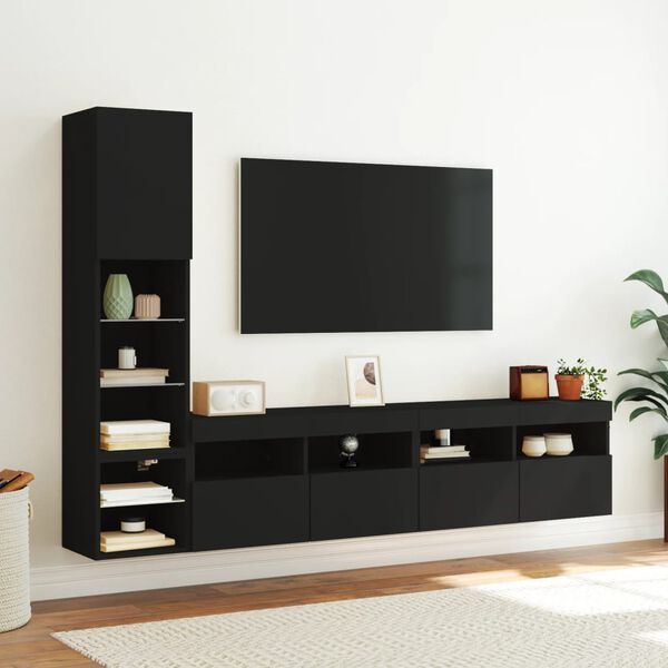 vidaXL Muebles de TV de pared con LED 4 pzas madera ingenier&iacute;a negro
