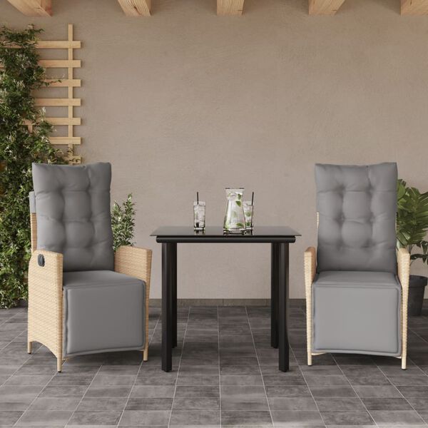 vidaXL Set comedor de jard&iacute;n 3 pzas con cojines rat&aacute;n sint&eacute;tico beige