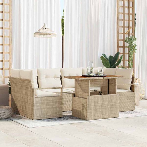 vidaXL Conjunto de sof&aacute; de jard&iacute;n 7 pcs Beige Polirat&aacute;n