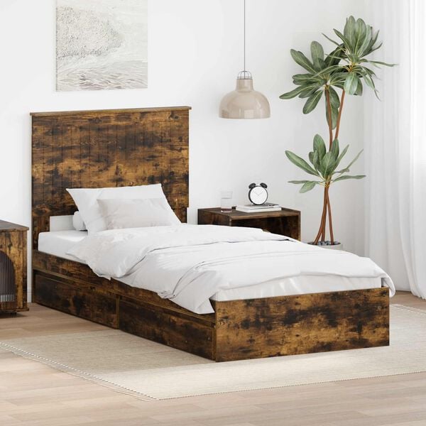vidaXL Cama con almacenamiento con cabecera Roble ahumado 90 x 190 cm