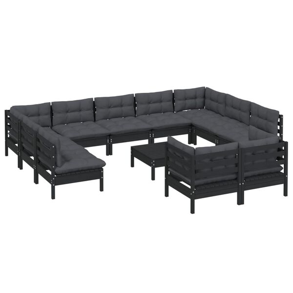 vidaXL Muebles de jard&iacute;n 12 pzas con cojines negro madera maciza pino