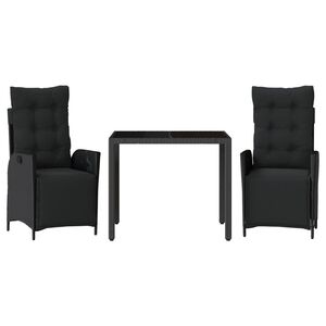 vidaXL Set comedor de jard&iacute;n 3 pzas con cojines rat&aacute;n sint&eacute;tico negro