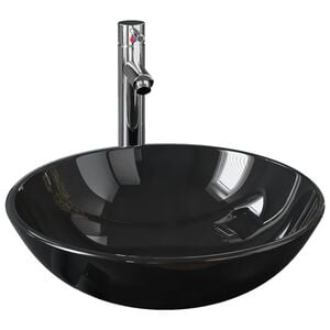 vidaXL Lavabo de ba&ntilde;o grifo y desag&uuml;e de empuje vidrio templado negro