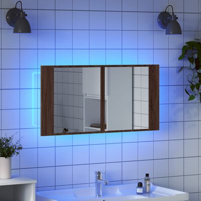vidaXL Armario espejo de baño LED acrílico marrón roble 90x12x45 cm