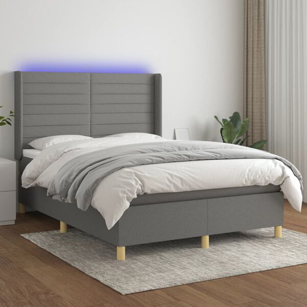 vidaXL Cama box spring colch&oacute;n y luces LED tela gris oscuro 140x200 cm