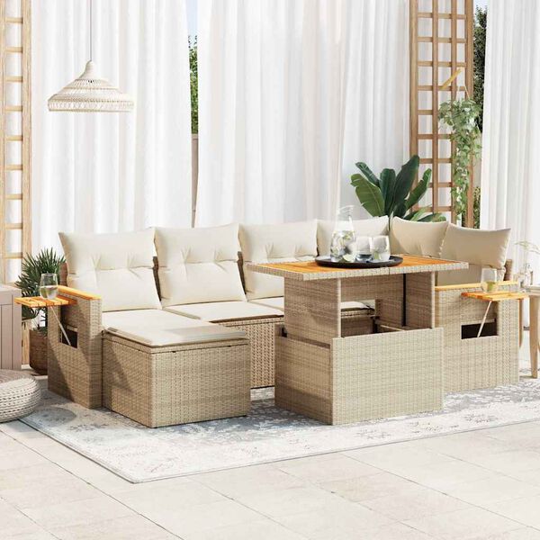 vidaXL Set sof&aacute;s jard&iacute;n y cojines 7 pzas rat&aacute;n sint&eacute;tico acacia beige