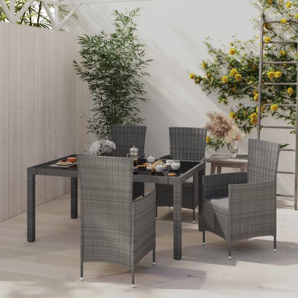 vidaXL Set de comedor de jard&iacute;n 5 pzas y cojines rat&aacute;n sint&eacute;tico gris