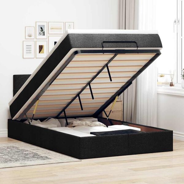 vidaXL Cama otomana con colch&oacute;n y luces LED tela negra 120x190 cm