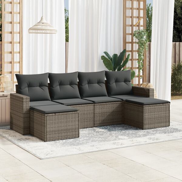 vidaXL Set de muebles de jard&iacute;n 6 pzas y cojines rat&aacute;n sint&eacute;tico gris