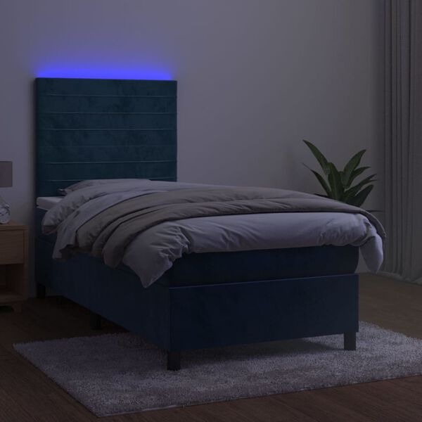 vidaXL Cama box spring colch&oacute;n y LED terciopelo azul oscuro 90x190 cm