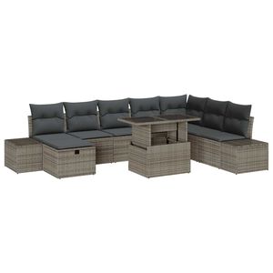 vidaXL Conjunto de sof&aacute; de jard&iacute;n 9 pcs Gris rat&aacute;n sint&eacute;tico