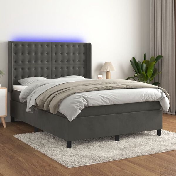 vidaXL Cama box spring colch&oacute;n y LED terciopelo gris oscuro 140x200 cm