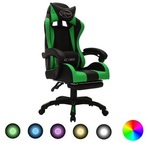 vidaXL Silla gaming con luces LED RGB cuero sint&eacute;tico verde y negro