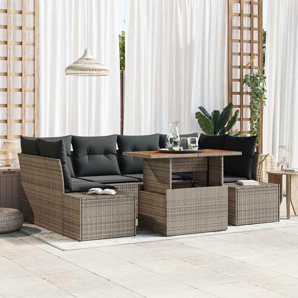 vidaXL Conjunto de sof&aacute; de jard&iacute;n 7 pcs Gris Polirat&aacute;n