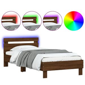 vidaXL Estructura de cama cabecero luces LED roble marr&oacute;n 100x200 cm