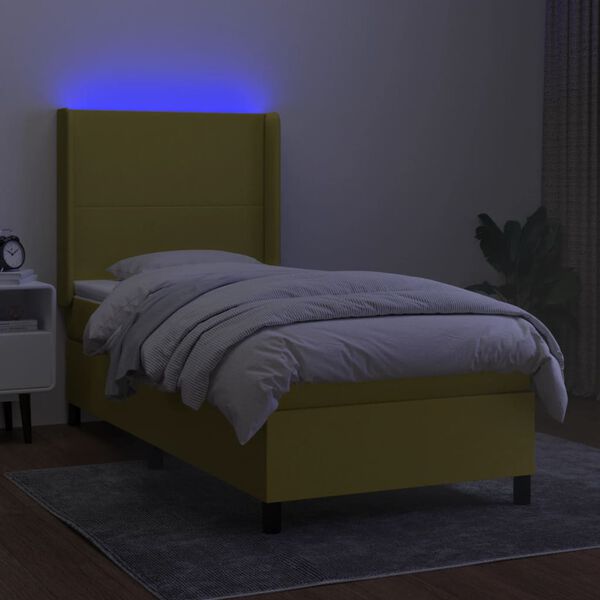 vidaXL Cama box spring colch&oacute;n y luces LED tela verde 90x200 cm