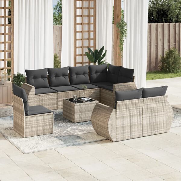 vidaXL Set muebles jard&iacute;n 9 pzas y cojines rat&aacute;n sint&eacute;tico gris claro