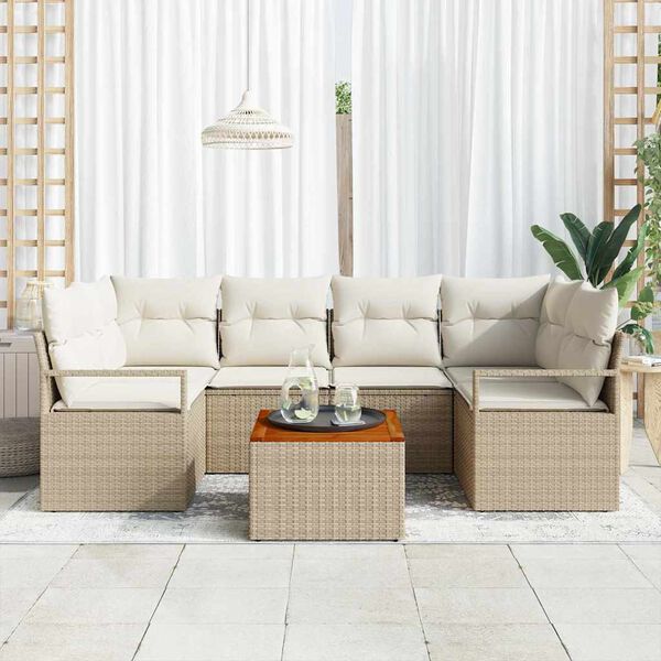 vidaXL Conjunto de sof&aacute;s de jard&iacute;n 7 pcs Beige y Crema rat&aacute;n sint&eacute;tico