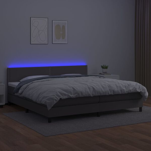 vidaXL Cama box spring colch&oacute;n y LED cuero sint&eacute;tico gris 200x200 cm