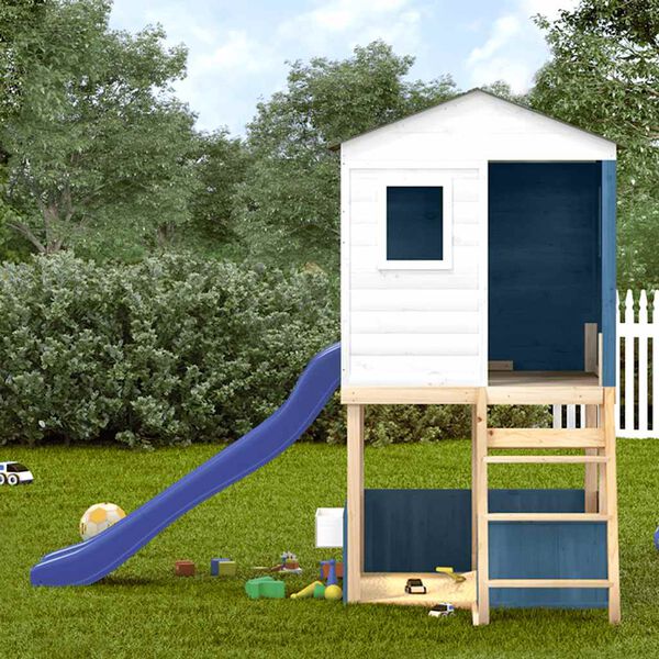 vidaXL Parque infantil de exterior blanco y azul madera maciza abeto