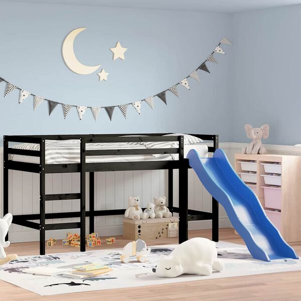 vidaXL Cama alta de niños con tobogán madera maciza negra 90x190 cm