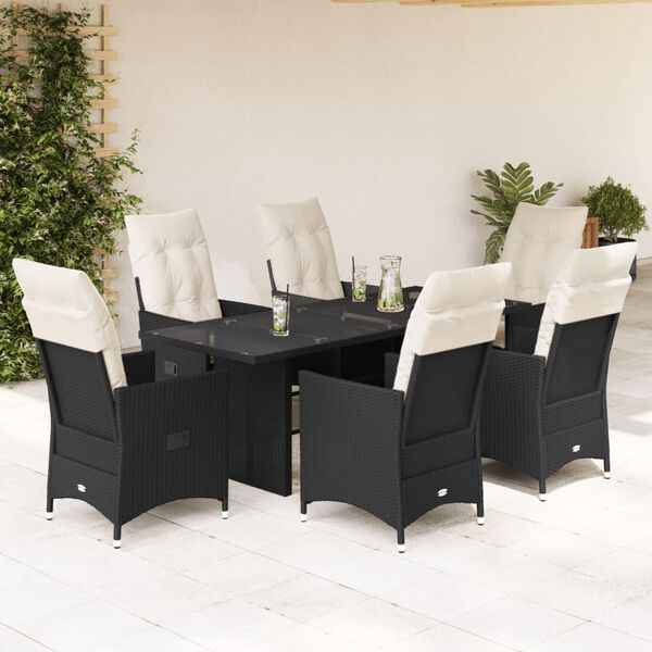 vidaXL Set de comedor de jard&iacute;n 7 pzas y cojines rat&aacute;n sint&eacute;tico negro
